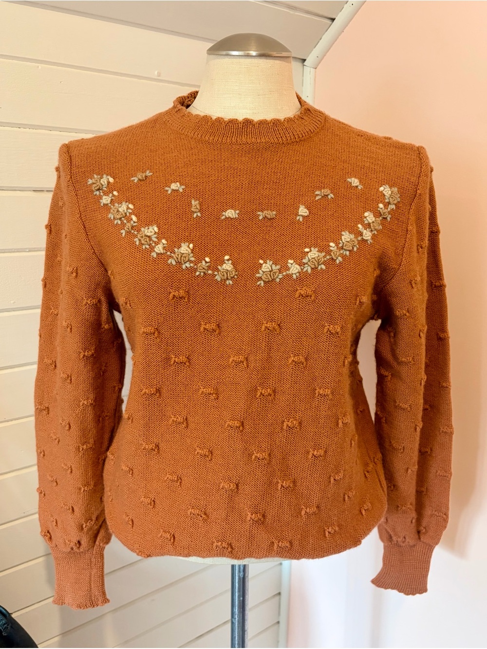 Vintage Rose Crewneck Sweater with Cream Floral Yoke, Size Small
